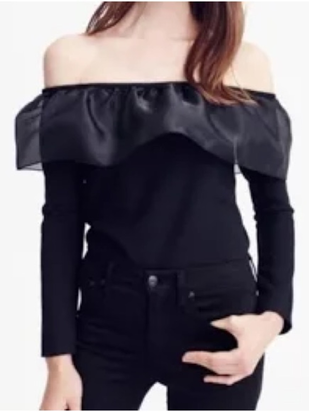 J Crew Off the Shoulder Tulle Detail Ruffled Top Black Size Medium